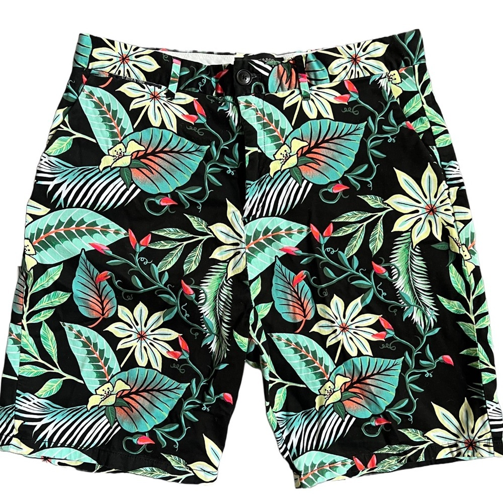 SCOTCH AND SODA BLACK/GREEN TROPICAL PALM PRINT CHINO DRESS SHORTS